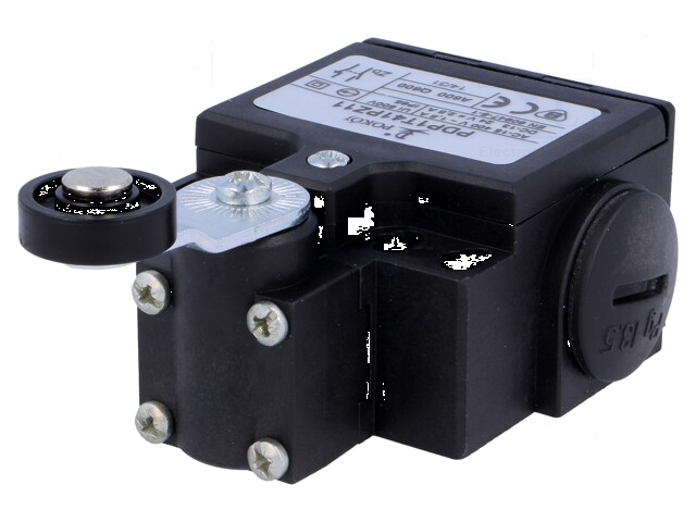 Eindschakelaar; hendel R 26,5mm, roller van kunststof Ø18mm Eindschakelaar; hendel R 26,5mm, roller van kunststof Ø18mm